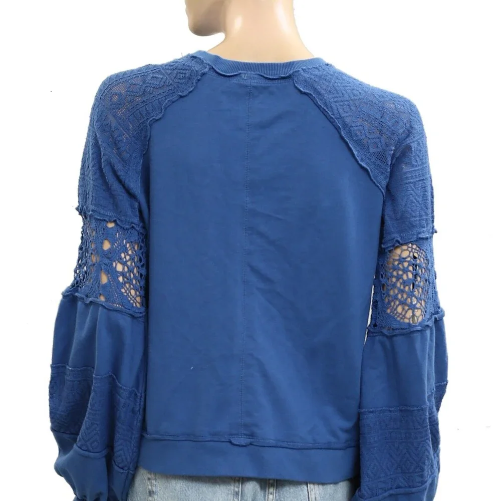 By Anthropologie Lace Balloon-Sleeve Blouse Top Pullover Cotton Blue XS 279962